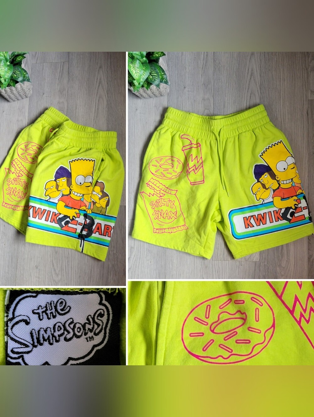 The Simpsons Kwik-E-Bart Neon Green Fleece Drawstring & Pocket Shorts, Men Small